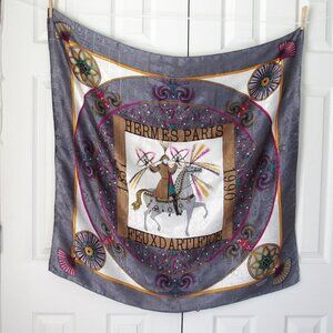 HERMES 1837 Feux D'Artifice Scarf Wrap Foulard Gray Lavender 1990 ed. Vintage